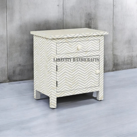 Bone Inlay Chevron Zigzag Design 1 Drawer & 1 Door Bedside Table Grey