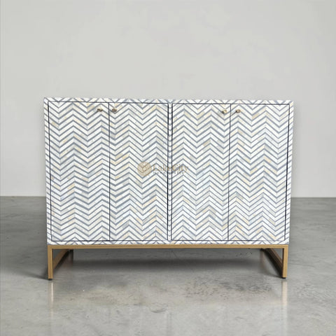 Bone Inlay Chevron Design 2 Doors Media Console Table Grey | Entertainment Unit Grey
