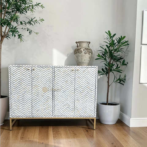 Bone Inlay Chevron Design 2 Doors Media Console Table Grey | Entertainment Unit Grey