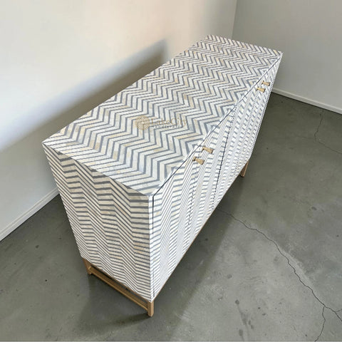Bone Inlay Chevron Design 2 Doors Media Console Table Grey | Entertainment Unit Grey