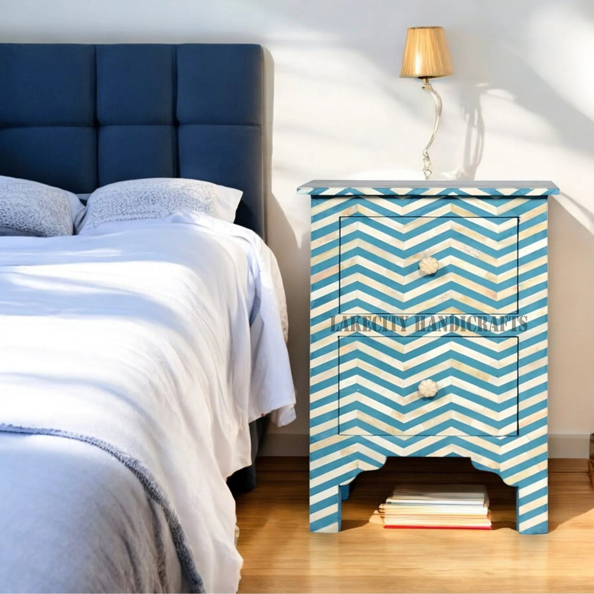 Bone Inlay Chevron Design 2 Drawers Bedside Table