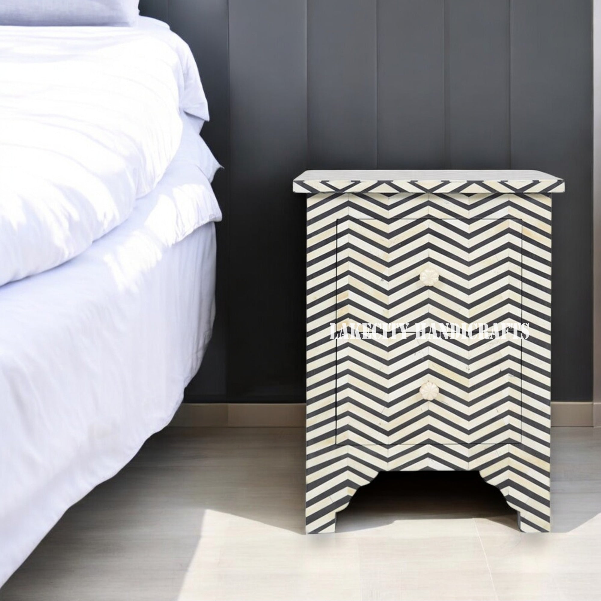 Bone Inlay Chevron Design 2 Drawers Bedside Table