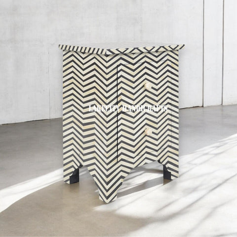 Bone Inlay Chevron Design 2 Drawers Bedside Table