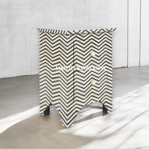 Bone Inlay Chevron Design 2 Drawers Bedside Table