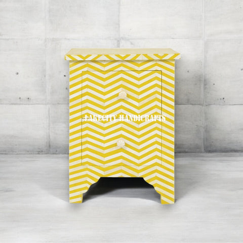 Bone Inlay Chevron Design 2 Drawers Bedside Table Yellow | Yellow Nightstand Table