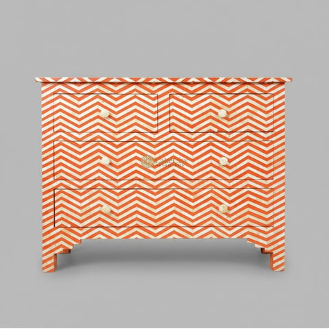 Bone Inlay Chevron Design 4 Drawers Chest Orange