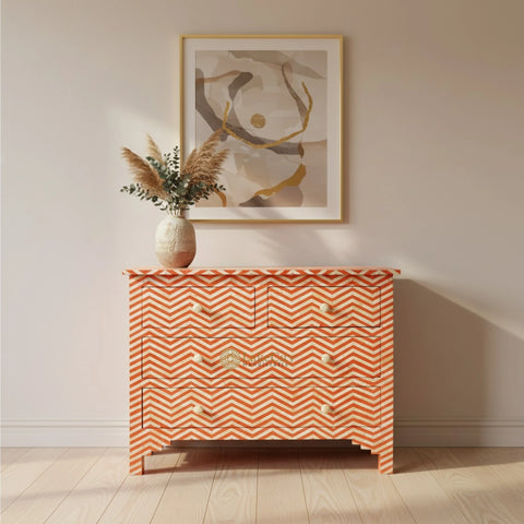 Bone Inlay Chevron Design 4 Drawers Chest Orange