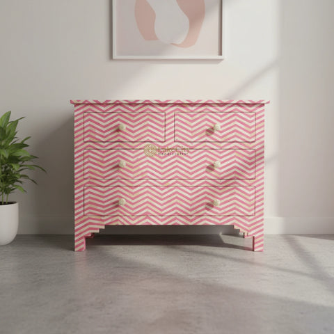 Bone Inlay Chevron Design 4 Drawers Chest Pink