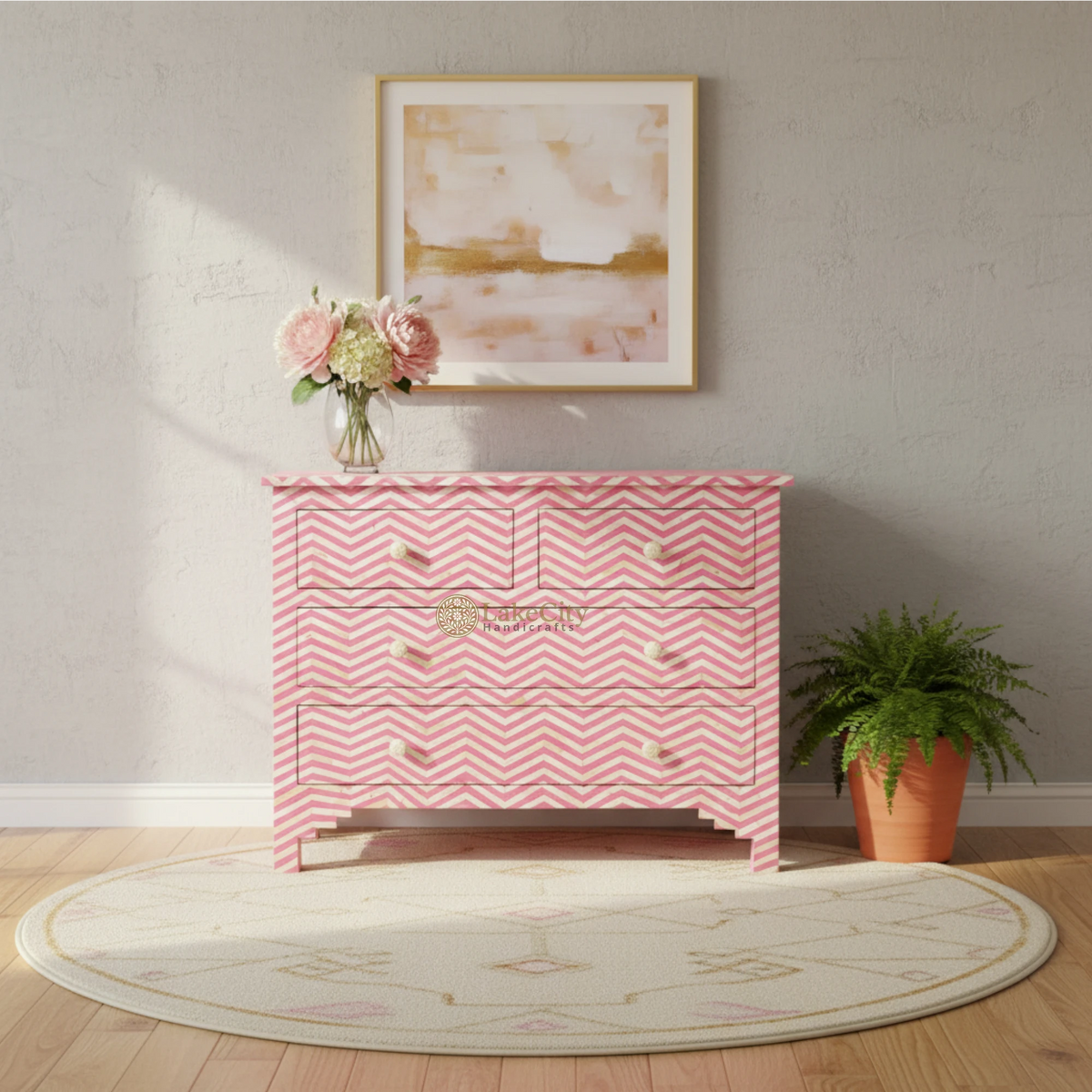 Bone Inlay Chevron Design 4 Drawers Chest Pink