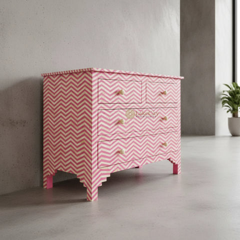 Bone Inlay Chevron Design 4 Drawers Chest Pink