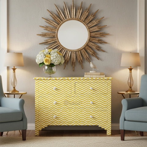 Bone Inlay Chevron Design 4 Drawers Chest Yellow
