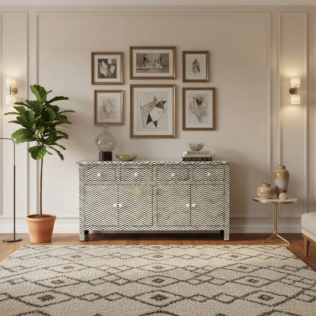 Bone Inlay Chevron Design 4 Drawers & 4 Doors Sideboard Black