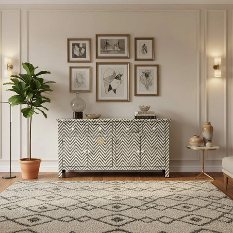 Bone Inlay Chevron Design 4 Drawers & 4 Doors Sideboard Black