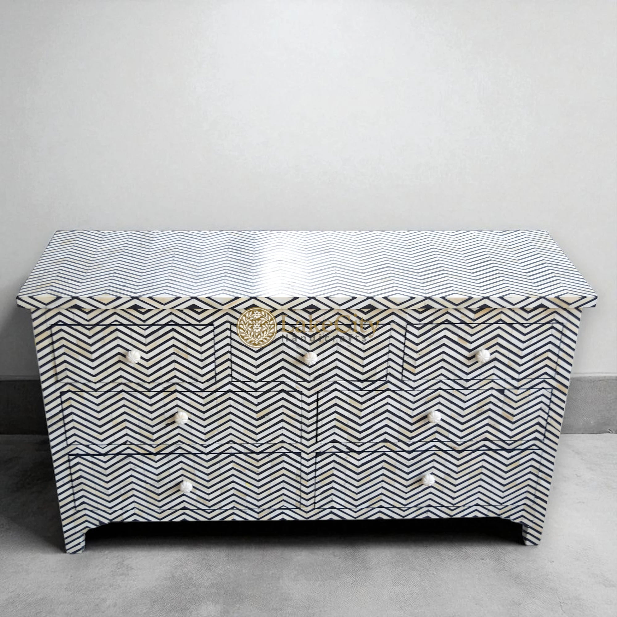 Bone Inlay Chevron Design 7 Drawers Chest Black