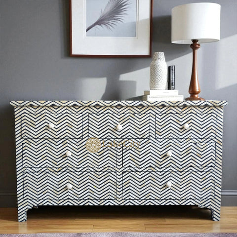 Bone Inlay Chevron Design 7 Drawers Chest Black