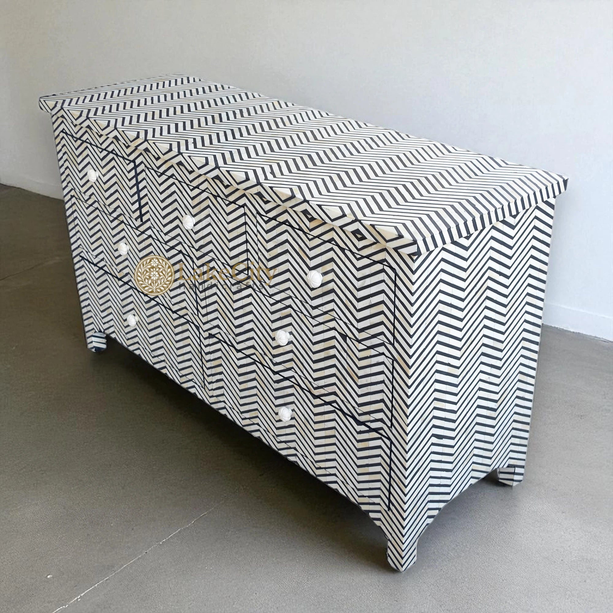 Bone Inlay Chevron Design 7 Drawers Chest Black