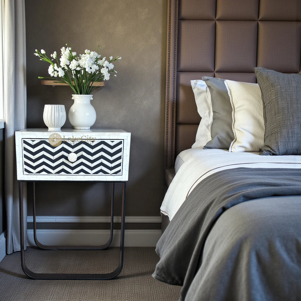 FUSION Chevron Bone Inlay Bedside Black | Bone Inlay Nightstand