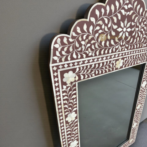 Bone Inlay Floral Design Crested Mirror Frame Brown