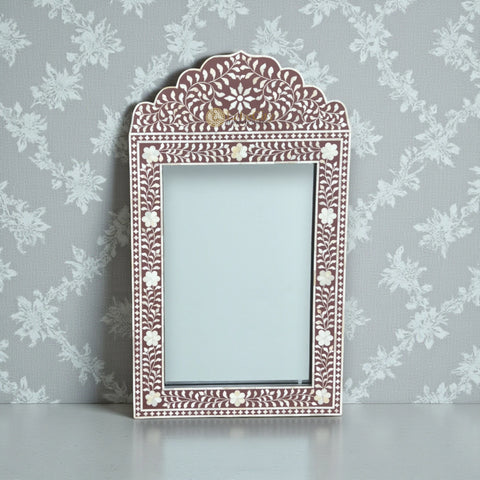 Bone Inlay Floral Design Crested Mirror Frame Brown