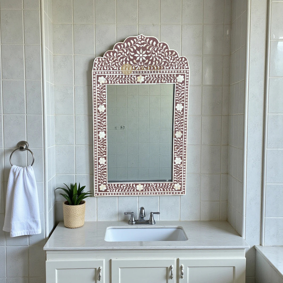 Bone Inlay Floral Design Crested Mirror Frame Brown