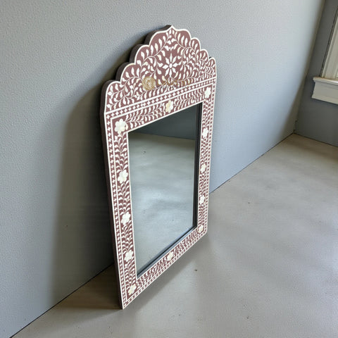 Bone Inlay Floral Design Crested Mirror Frame Brown