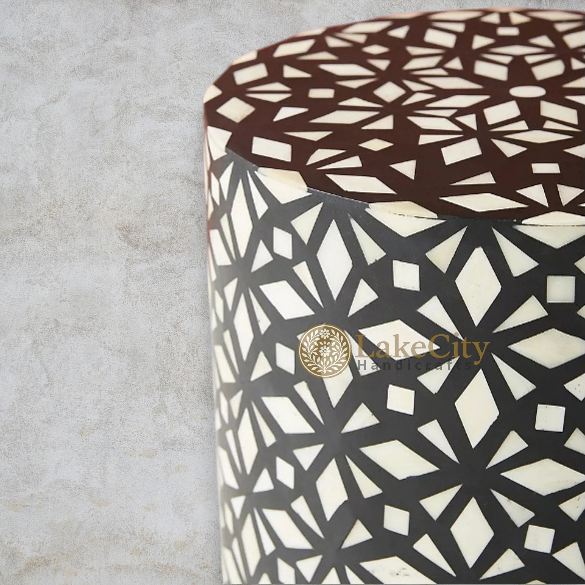 Bone Inlay Diamond Design Round End Table | Bone Inlay Diamond Design Round Side Table