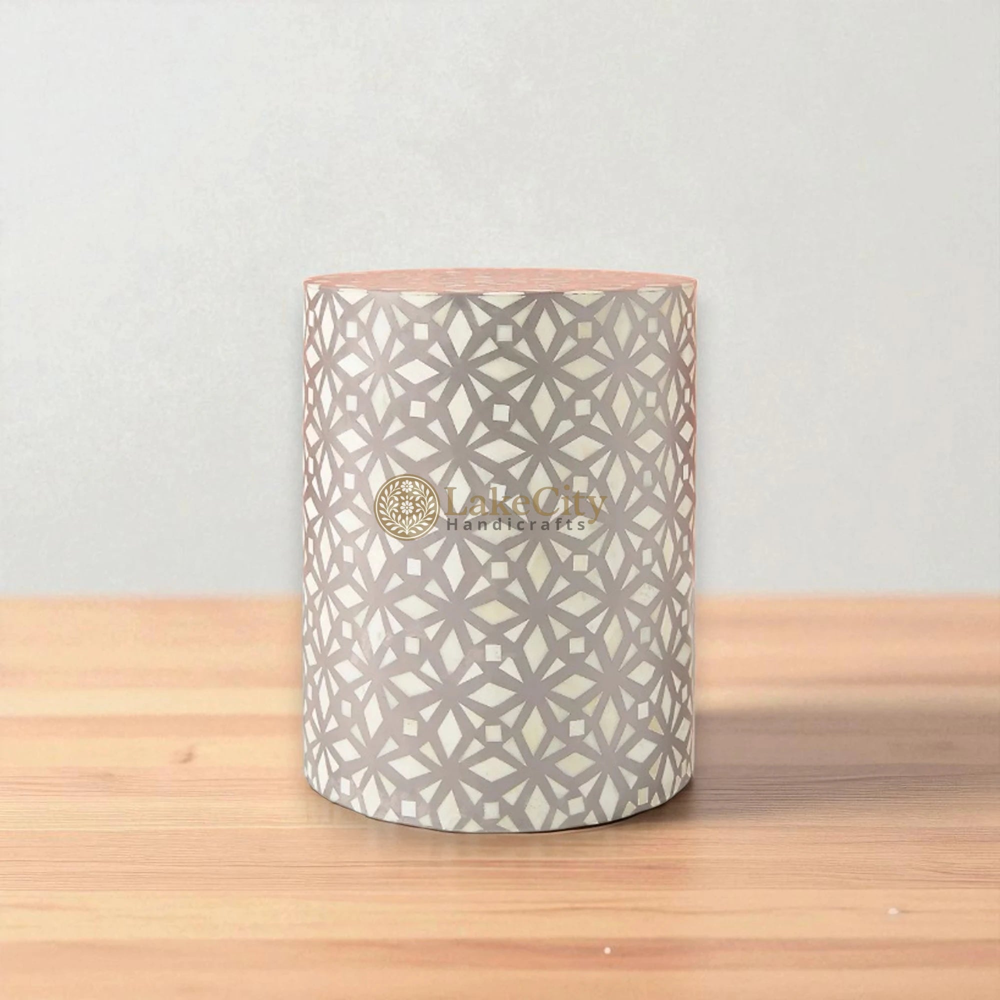 Bone Inlay Diamond Design Round End Table | Bone Inlay Diamond Design Round Side Table