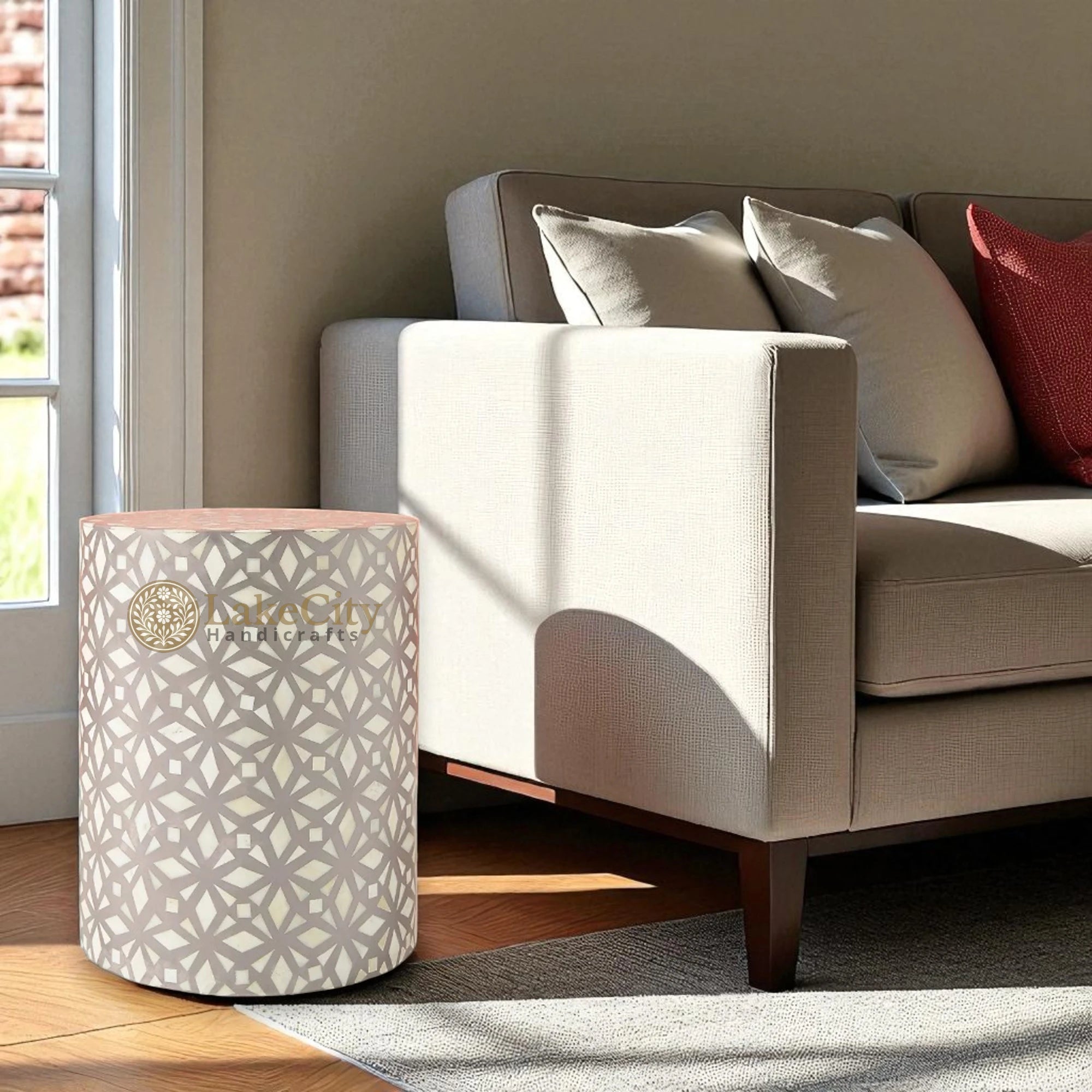 Bone Inlay Diamond Design Round End Table | Bone Inlay Diamond Design Round Side Table
