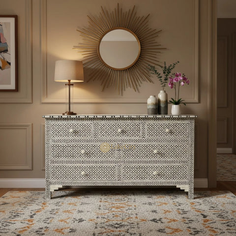 Bone Inlay Eye Design 7 Drawers Chest Black