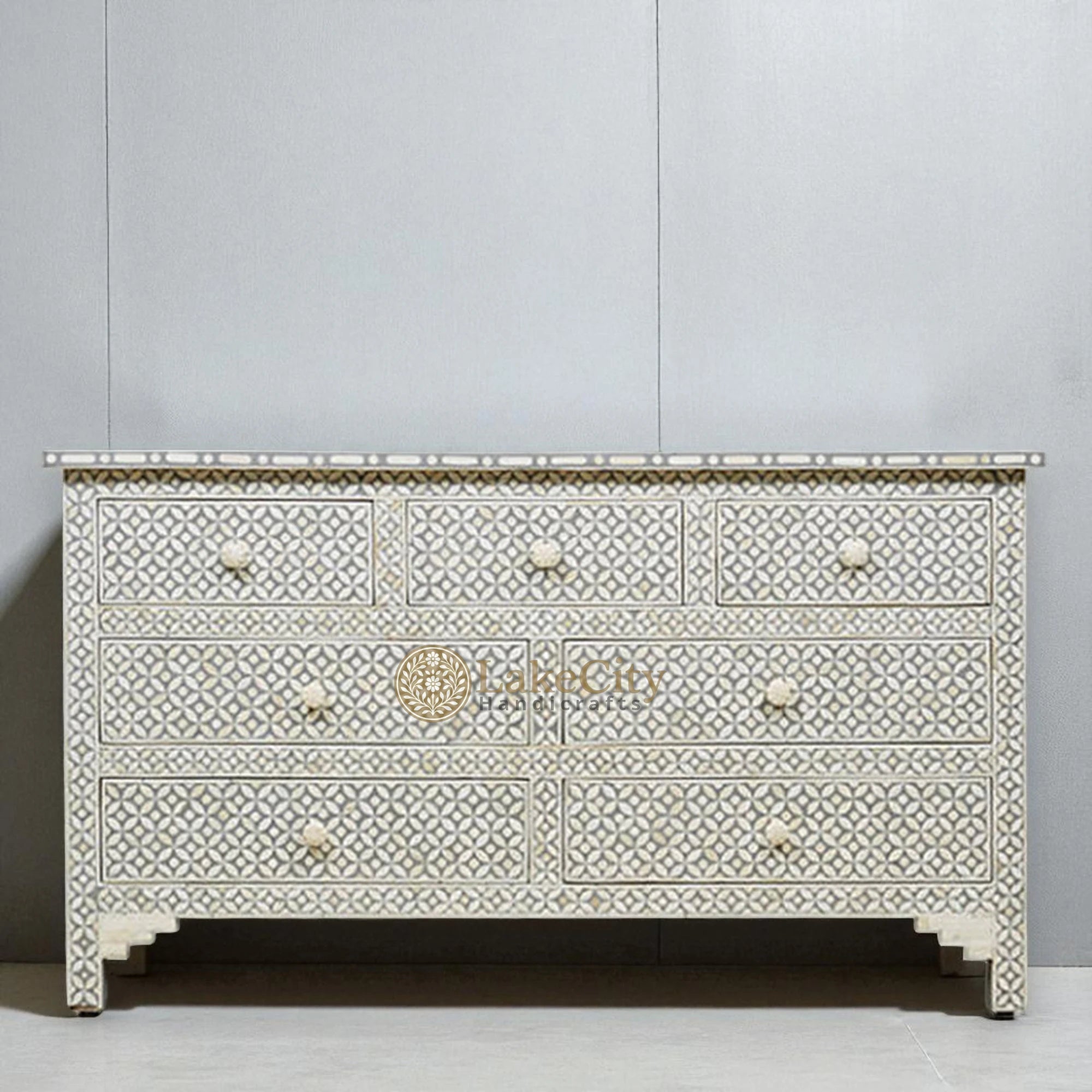 Bone Inlay Eye Design 7 Drawers Chest Grey