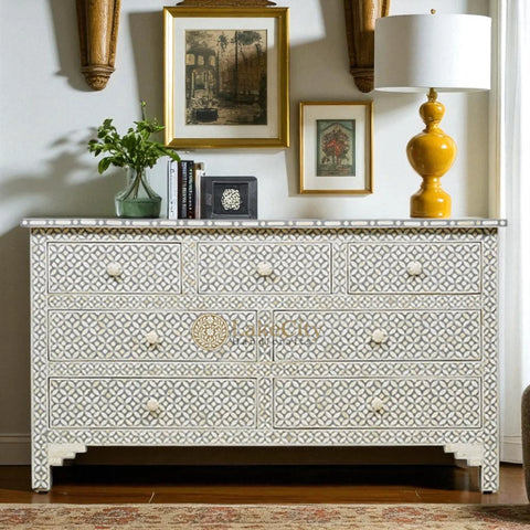 Bone Inlay Eye Design 7 Drawers Chest Grey