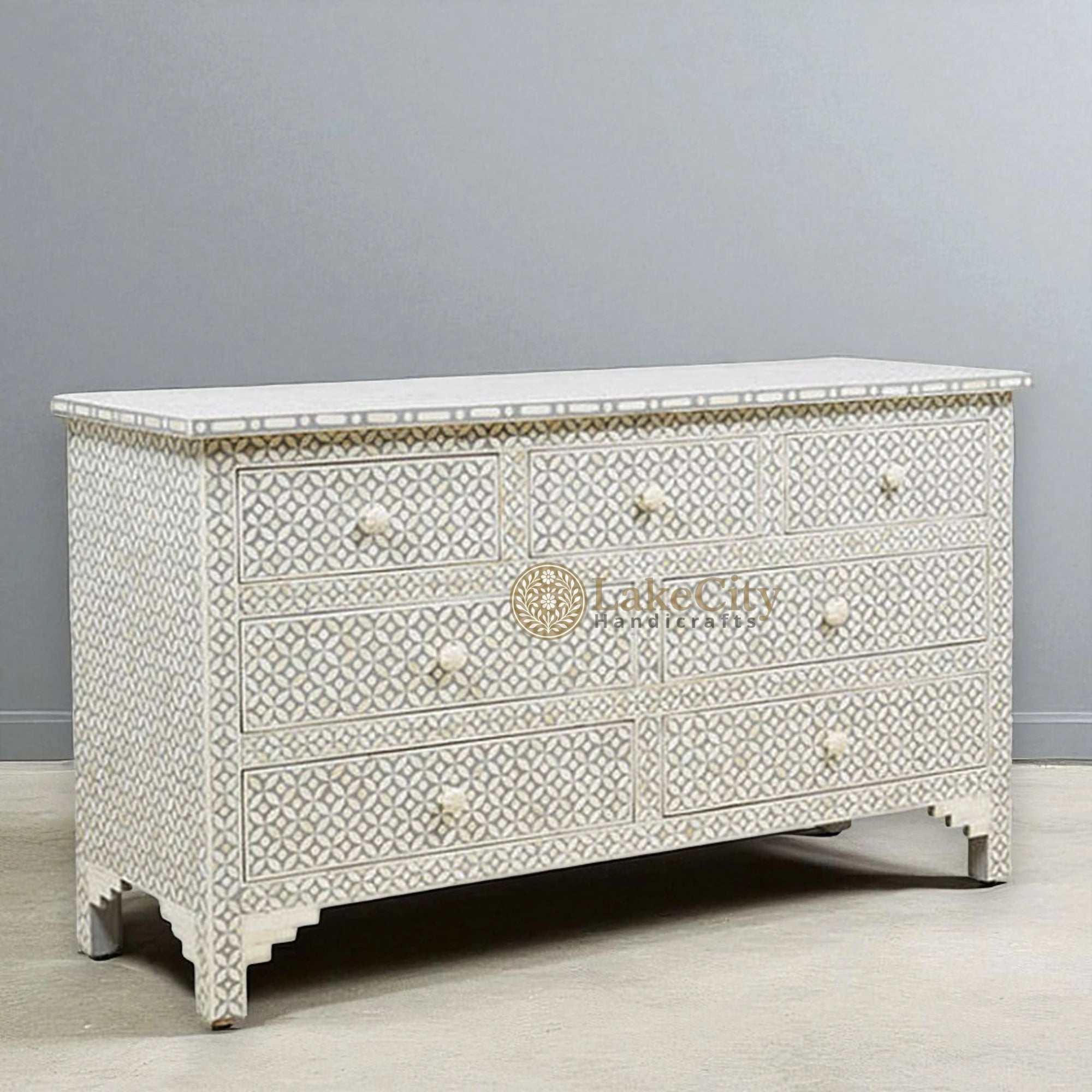 Bone Inlay Eye Design 7 Drawers Chest Grey