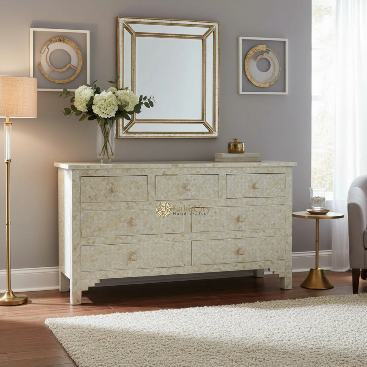 Bone Inlay Eye Design 7 Drawers Chest Off-White