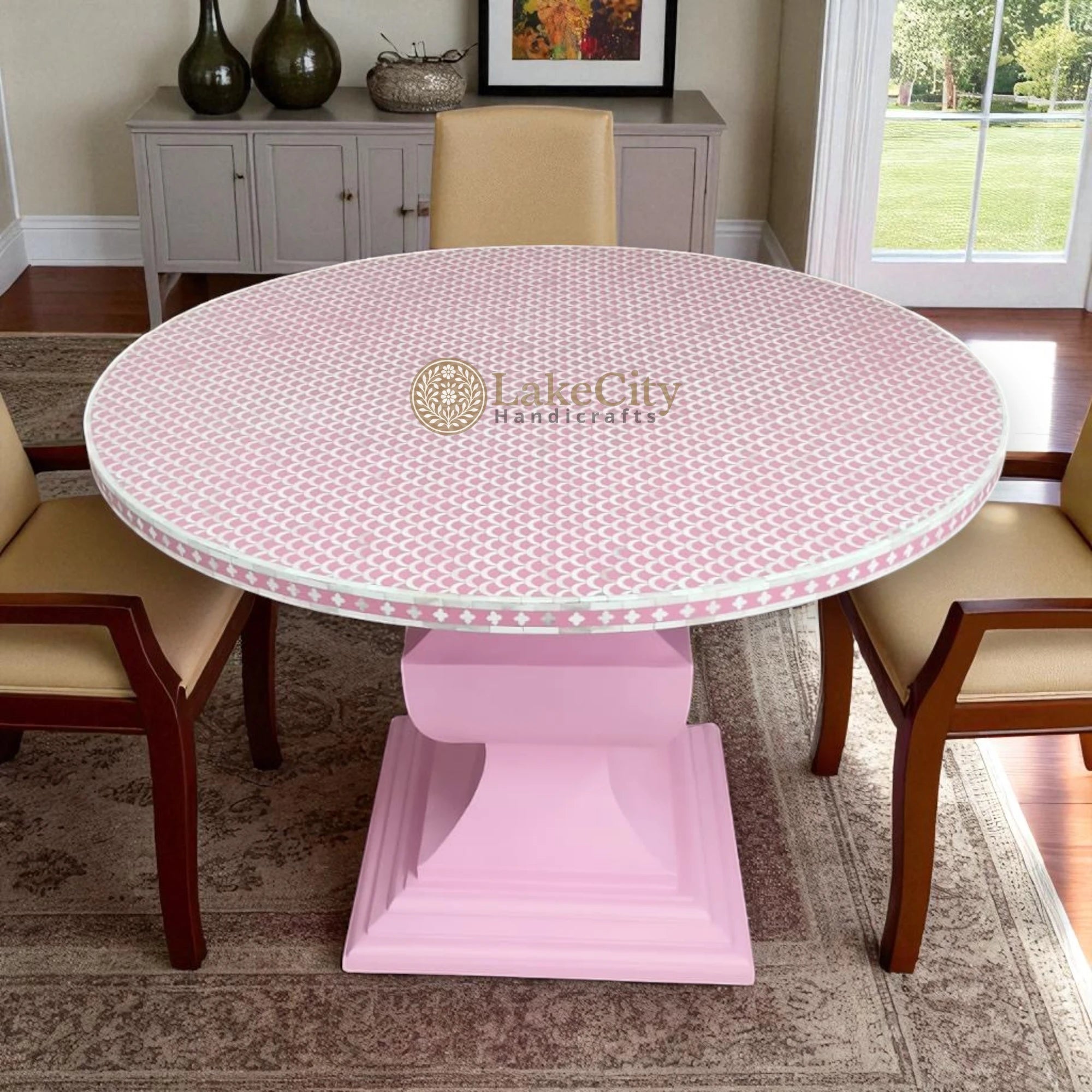 Fish Inlay End Table Bone Inlay Fish-scale Design Round Dining Table Pink – Lakecity Handicrafts
