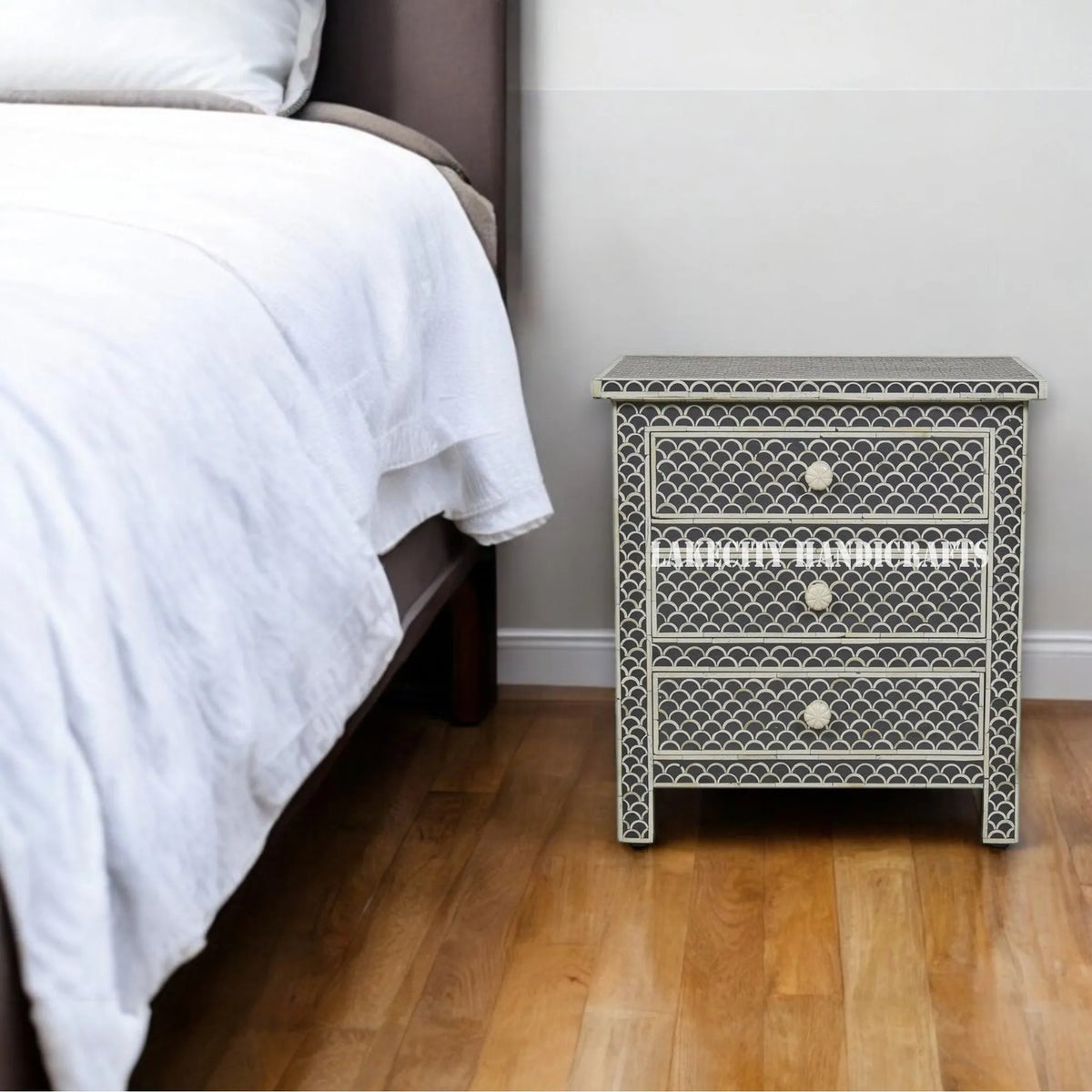 Fish Inlay End Table Bone Inlay Fish-scale Design 3 Drawers Bedside Table Black – Lakecity ...