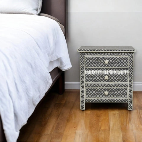 Bone Inlay Fish-scale Design 3 Drawers Bedside Table Black