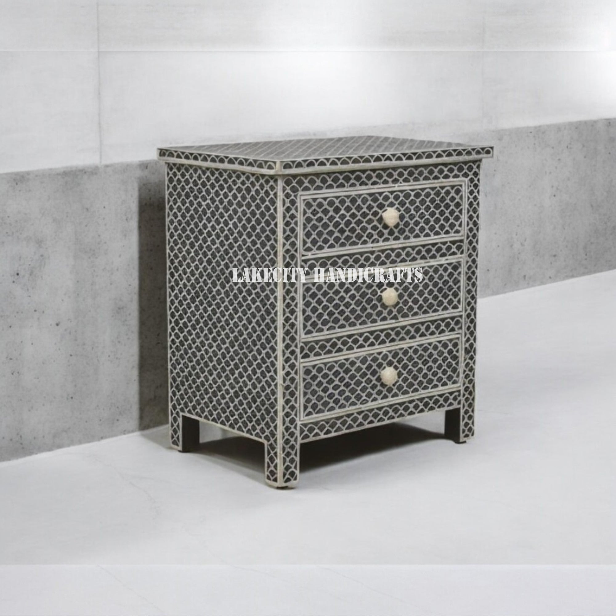 Bone Inlay Fish-scale Design 3 Drawers Bedside Table Black