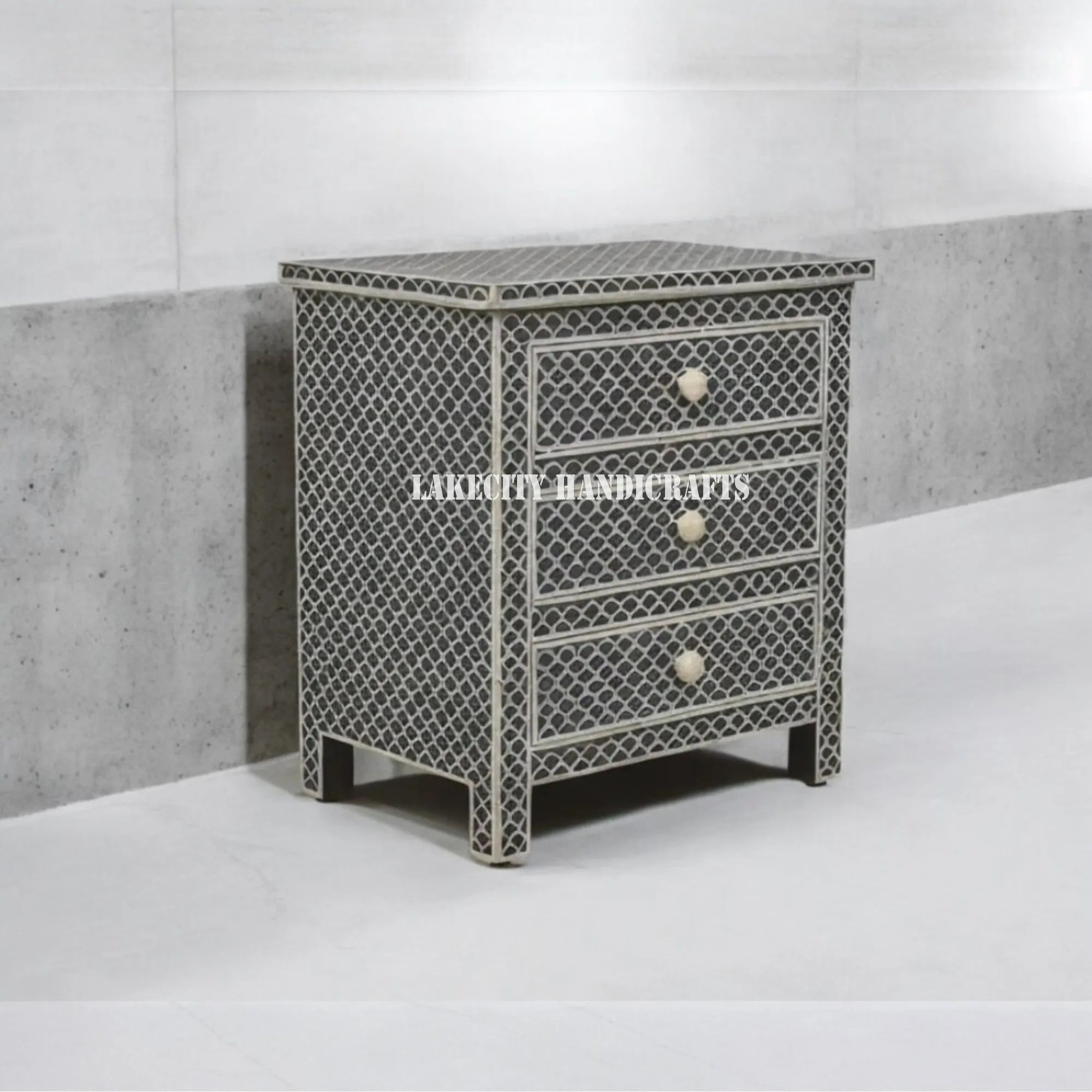 Fish Inlay End Table Bone Inlay Fish-scale Design 3 Drawers Bedside Table Black – Lakecity ...