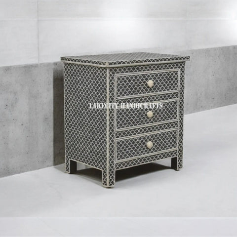Bone Inlay Fish-scale Design 3 Drawers Bedside Table Black