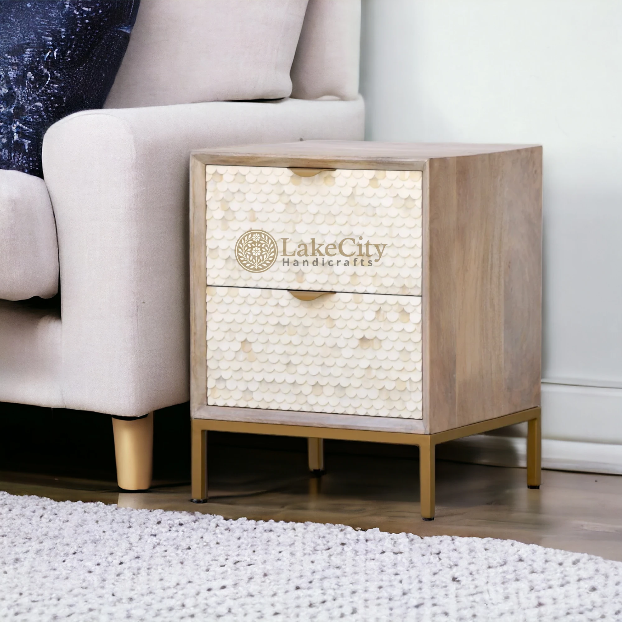 Bone Inlay Fish-scale Design 2 Drawers Bedside