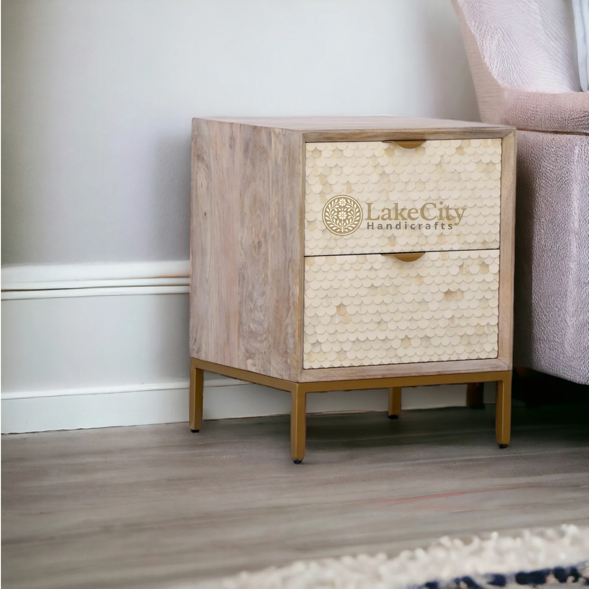 Bone Inlay Fish-scale Design 2 Drawers Bedside