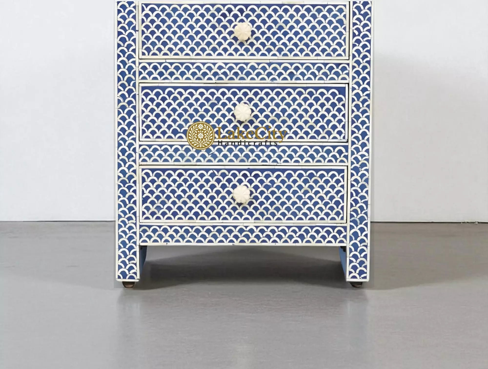 Bone Inlay Fish-scale Design 3 Drawers Bedside Table Blue | Bone Inlay Fish-scale Design 3 Drawers Nightstand Table Blue