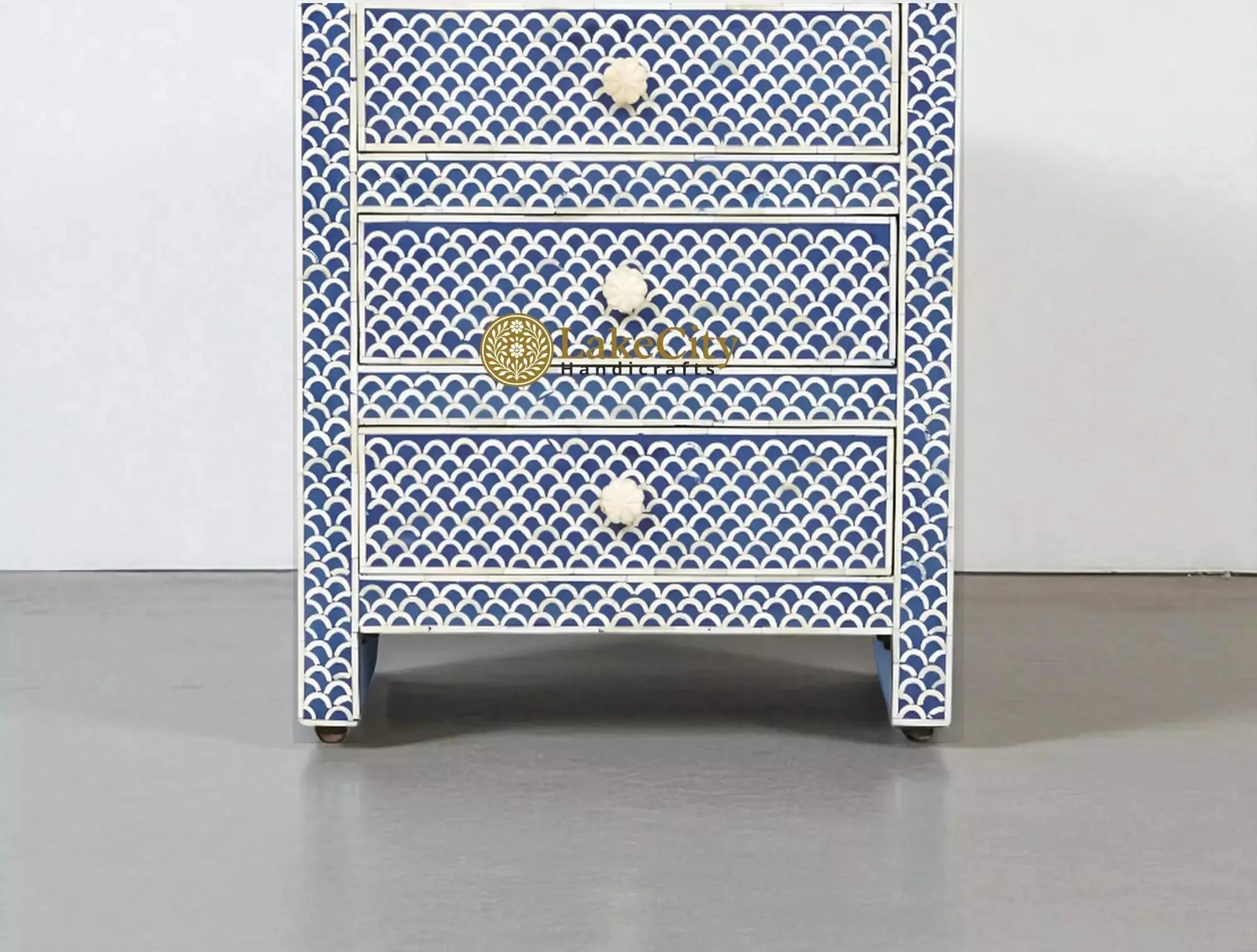 Fish Inlay End Table Bone Inlay Fish-scale Design 3 Drawers Bedside Table Blue | Bone Inlay ...