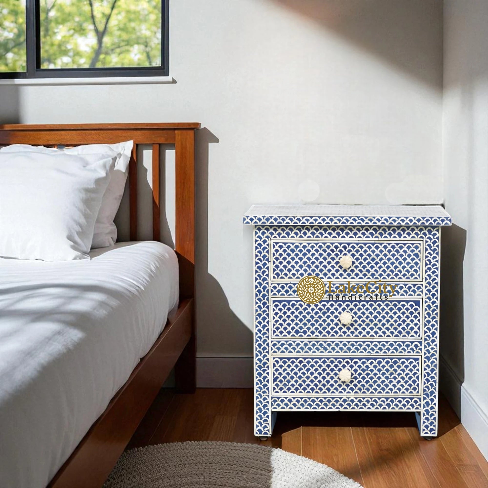 Fish Inlay End Table Bone Inlay Fish-scale Design 3 Drawers Bedside Table Blue | Bone Inlay ...