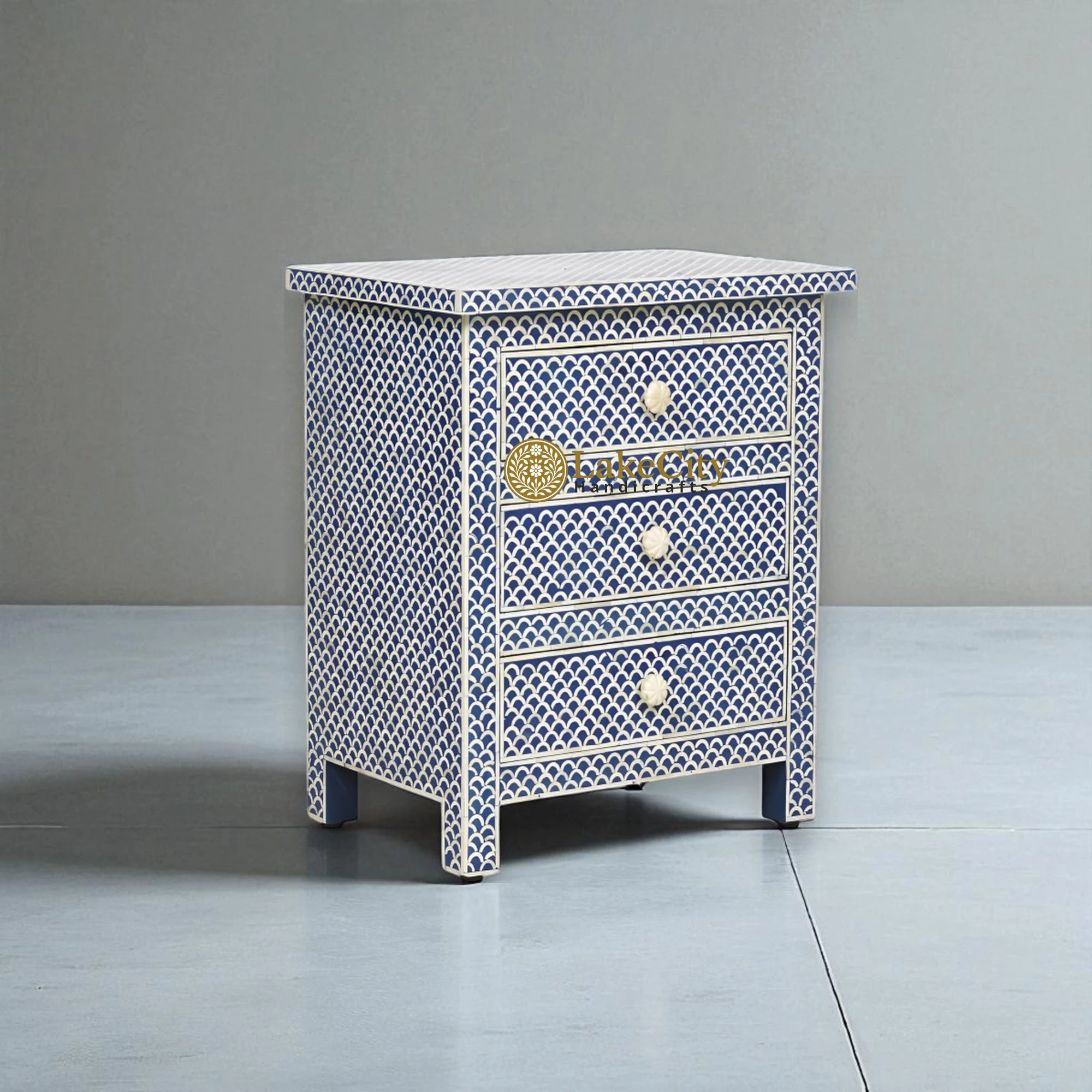 Fish Inlay End Table Bone Inlay Fish-scale Design 3 Drawers Bedside Table Blue | Bone Inlay ...