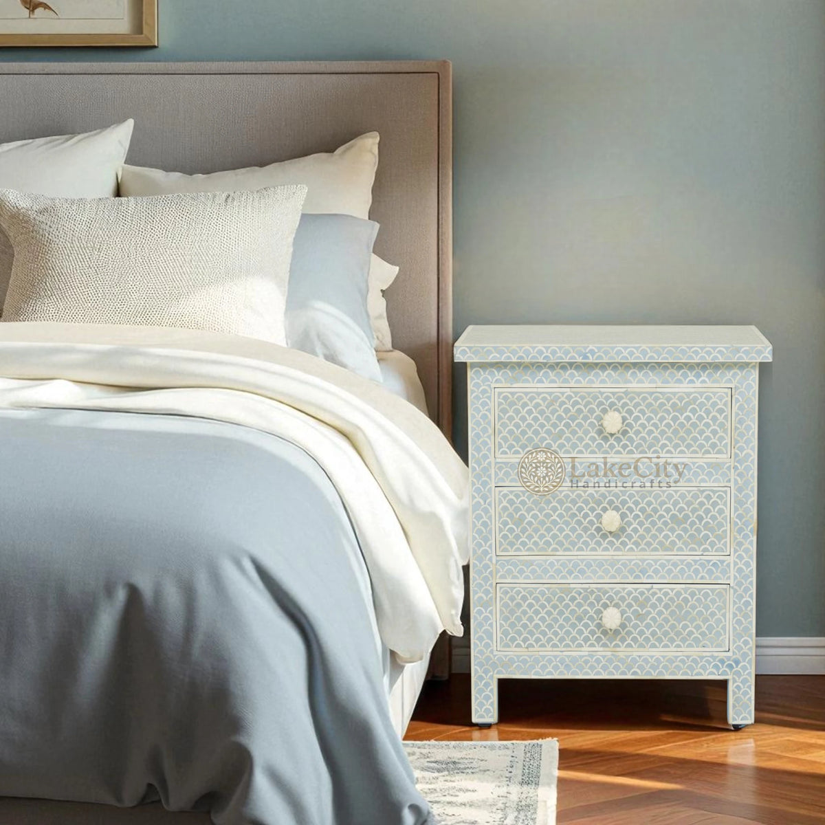Fish Inlay End Table Bone Inlay Fish-scale Design 3 Drawers Bedside Table Mint Green | Bone ...