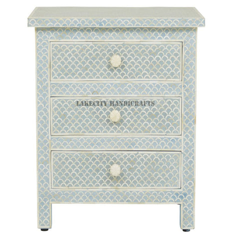 Bone Inlay Fish-scale Design 3 Drawers Bedside Table Mint Green, Bone Inlay Fish-scale Design 3 Drawers Nightstand Table Mint Green