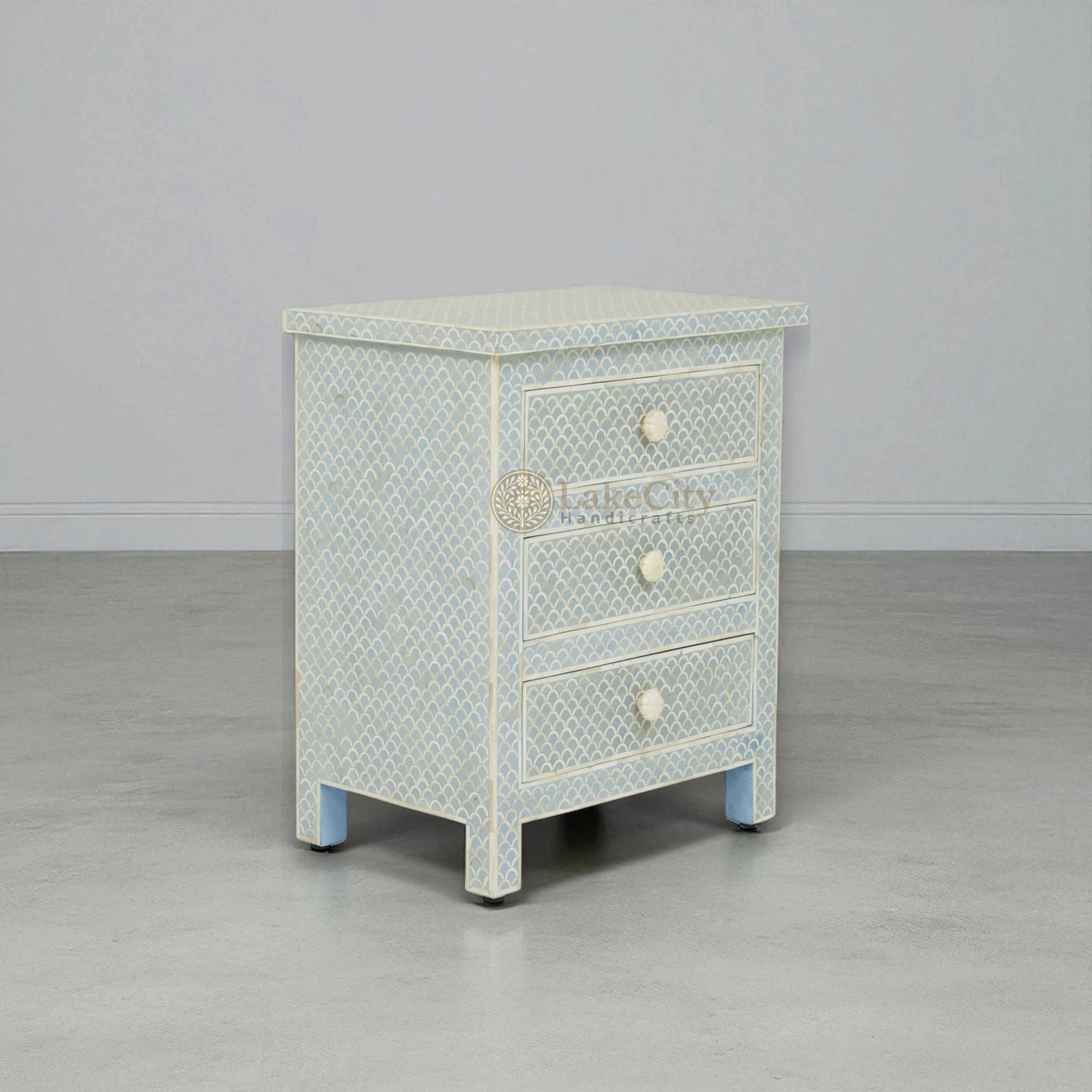 Fish Inlay End Table Bone Inlay Fish-scale Design 3 Drawers Bedside Table Mint Green | Bone ...