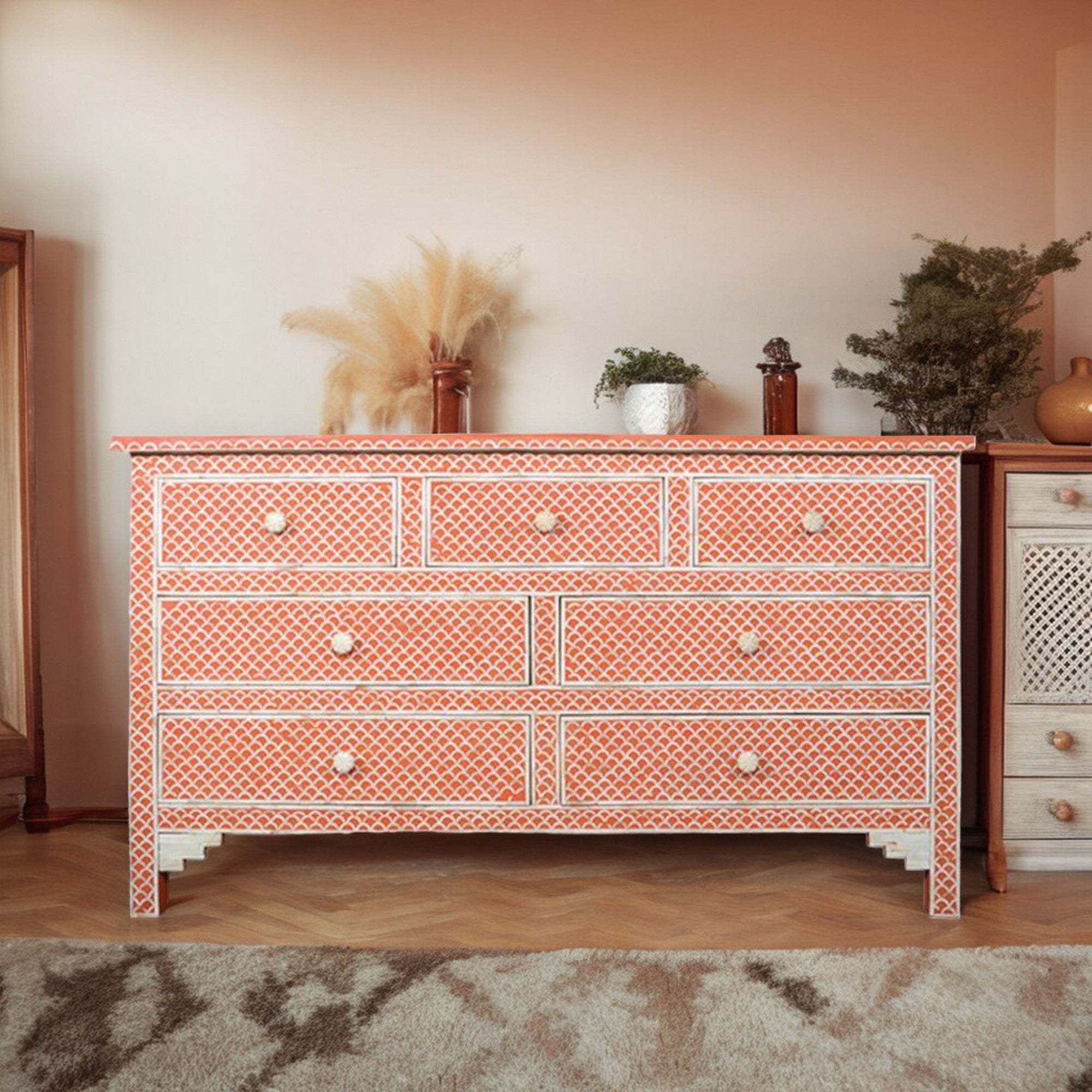 Fish Inlay End Table Bone Inlay Fish-scale Design Chest Of 7 Drawers Orange – Lakecity ...