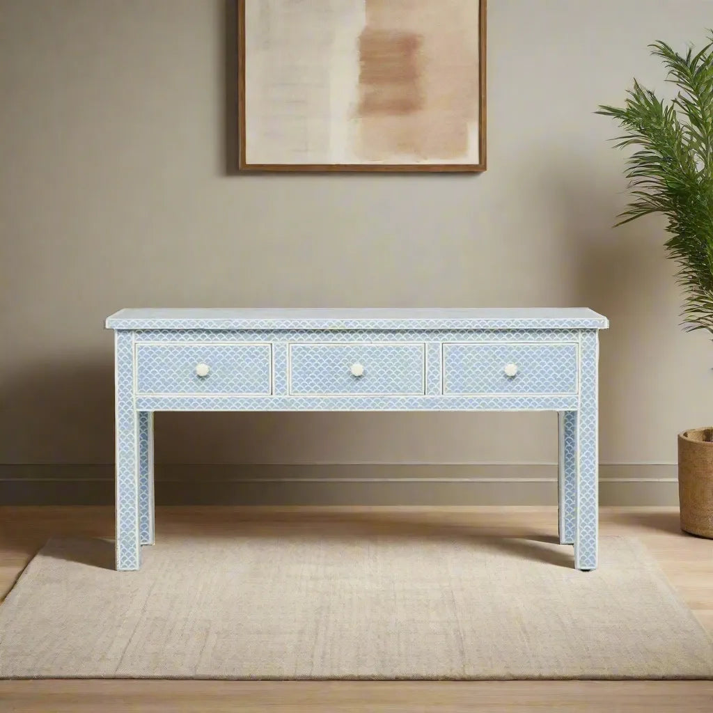 Inlay Fish Ice Blue Bone Inlay Fishscale Console 3 Drawer – Lakecity Handicrafts